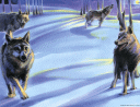 blue snow scene with many large, wolves poem background paper